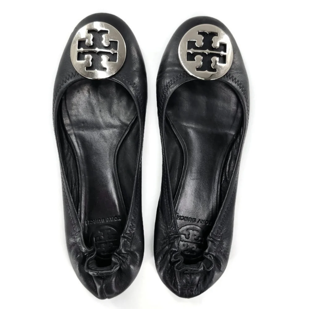 Tory Burch Reva Black Leather Silver-Tone Double-T Medallion Classic Ballet Flat